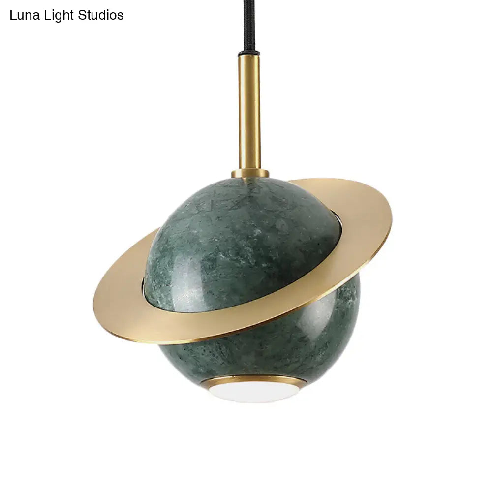 Green/White/Black-Brass Mini Planet Pendant Lamp - Modern Marble Ceiling Light With 1 Bulb