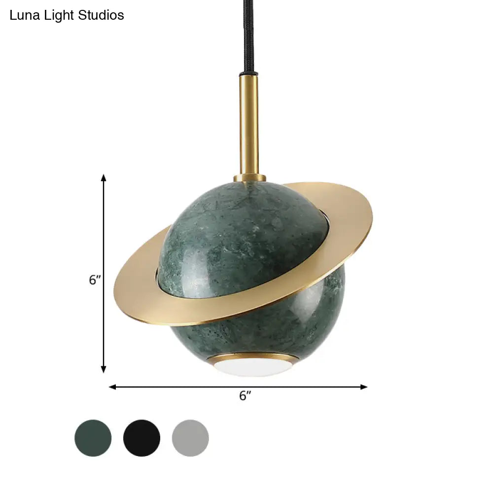 Mini Planet Kitchen Pendant In Green/White/Black-Brass: Modern Ceiling Lamp With Marble And 1 Bulb