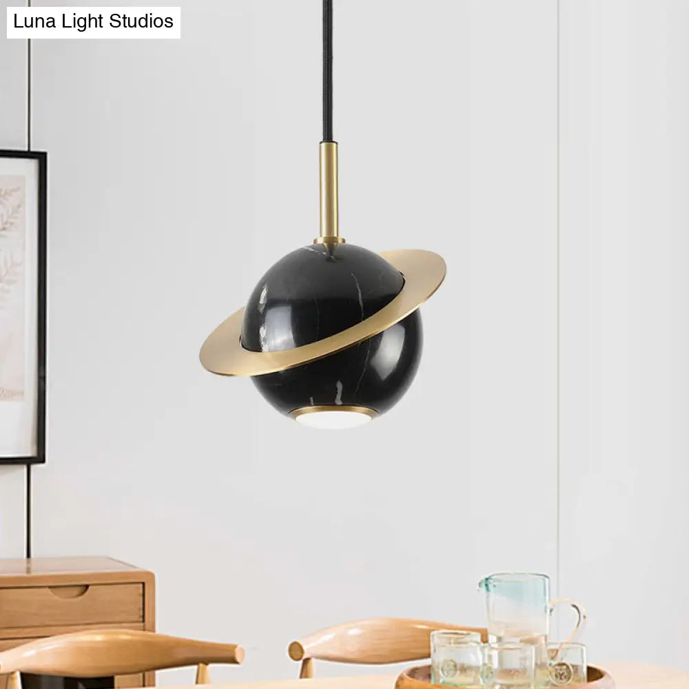 Mini Planet Kitchen Pendant In Green/White/Black-Brass: Modern Ceiling Lamp With Marble And 1 Bulb