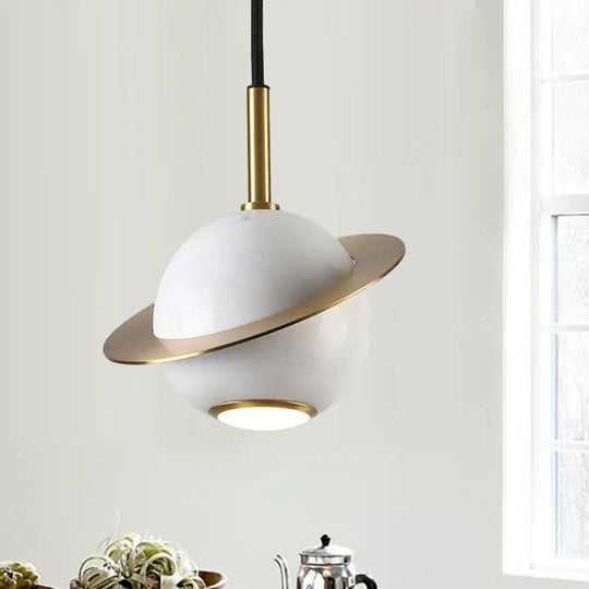 Mini Planet Kitchen Pendant In Green/White/Black-Brass: Modern Ceiling Lamp With Marble And 1 Bulb