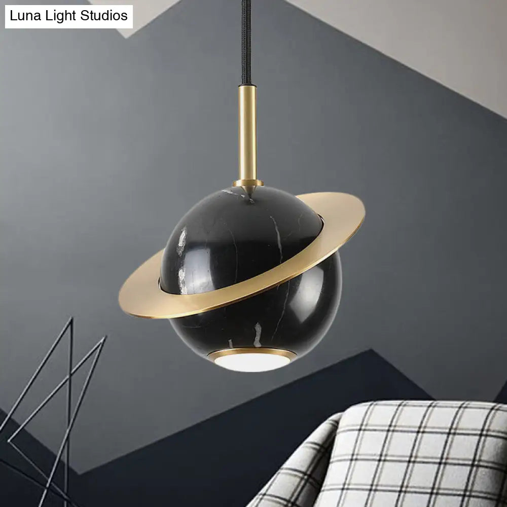 Green/White/Black-Brass Mini Planet Pendant Lamp - Modern Marble Ceiling Light With 1 Bulb Black