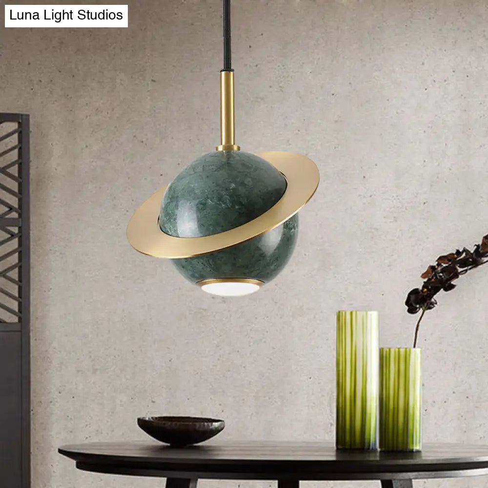 Mini Planet Kitchen Pendant In Green/White/Black-Brass: Modern Ceiling Lamp With Marble And 1 Bulb