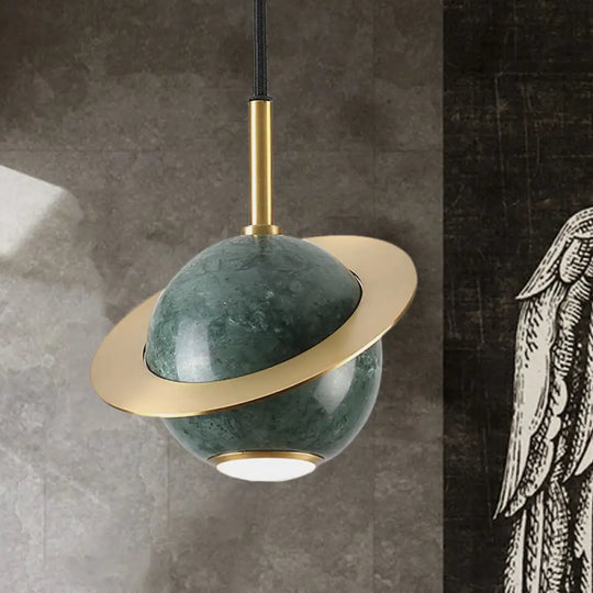 Mini Planet Kitchen Pendant In Green/White/Black-Brass: Modern Ceiling Lamp With Marble And 1 Bulb