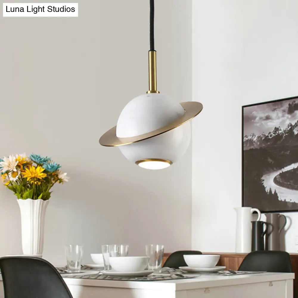 Mini Planet Kitchen Pendant In Green/White/Black-Brass: Modern Ceiling Lamp With Marble And 1 Bulb