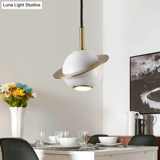 Mini Planet Kitchen Pendant In Green/White/Black-Brass: Modern Ceiling Lamp With Marble And 1 Bulb