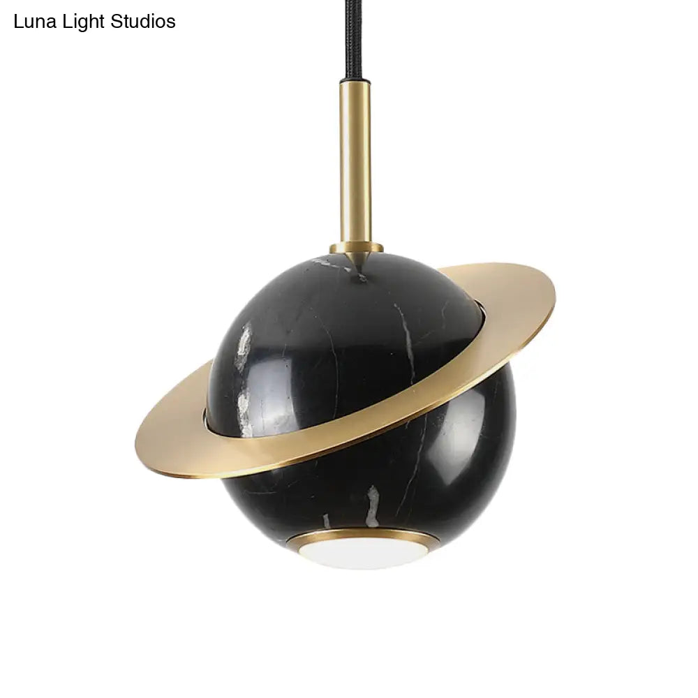 Mini Planet Kitchen Pendant In Green/White/Black-Brass: Modern Ceiling Lamp With Marble And 1 Bulb