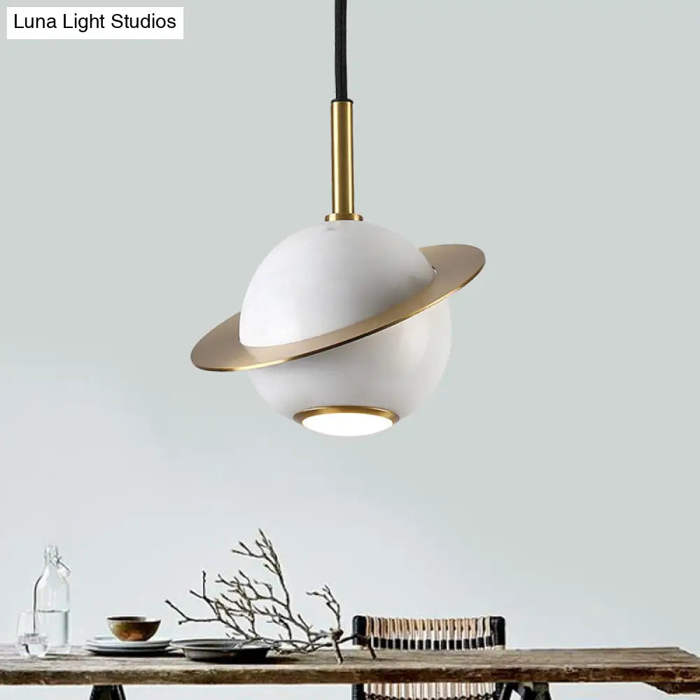 Mini Planet Kitchen Pendant In Green/White/Black-Brass: Modern Ceiling Lamp With Marble And 1 Bulb