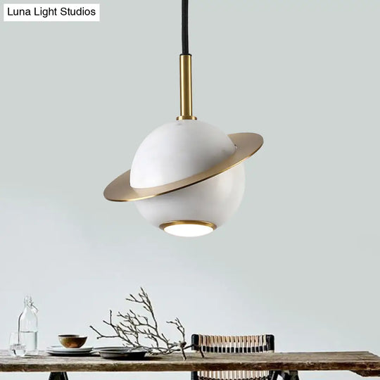 Mini Planet Kitchen Pendant In Green/White/Black-Brass: Modern Ceiling Lamp With Marble And 1 Bulb