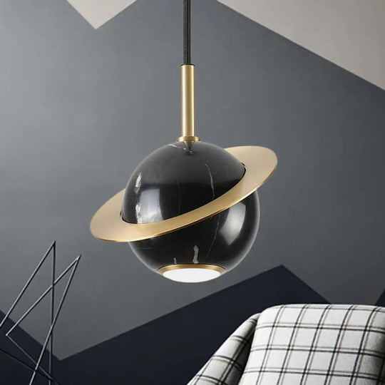 Mini Planet Kitchen Pendant In Green/White/Black-Brass: Modern Ceiling Lamp With Marble And 1 Bulb