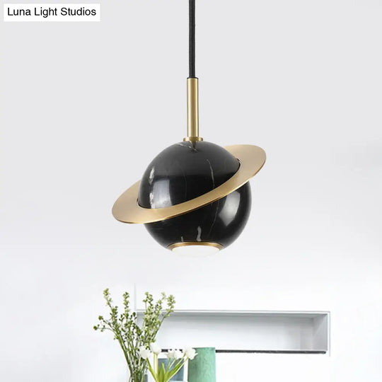 Mini Planet Kitchen Pendant In Green/White/Black-Brass: Modern Ceiling Lamp With Marble And 1 Bulb