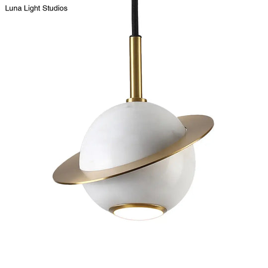 Mini Planet Kitchen Pendant In Green/White/Black-Brass: Modern Ceiling Lamp With Marble And 1 Bulb