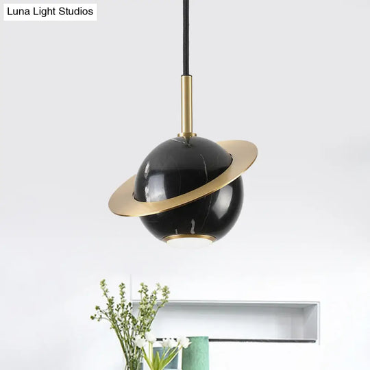 Green/White/Black-Brass Mini Planet Pendant Lamp - Modern Marble Ceiling Light With 1 Bulb