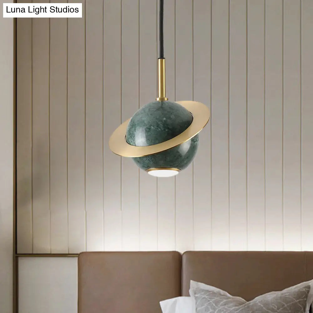 Mini Planet Kitchen Pendant In Green/White/Black-Brass: Modern Ceiling Lamp With Marble And 1 Bulb