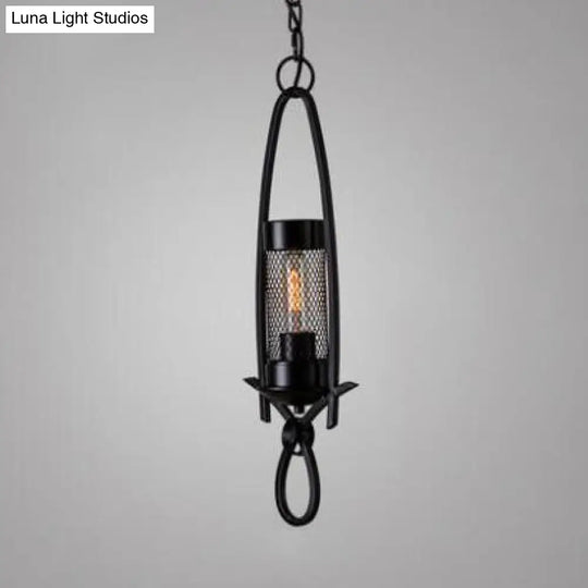 Nautical Mini Hanging Light - Rust/Black Mesh Metal Fixture For Restaurants Black