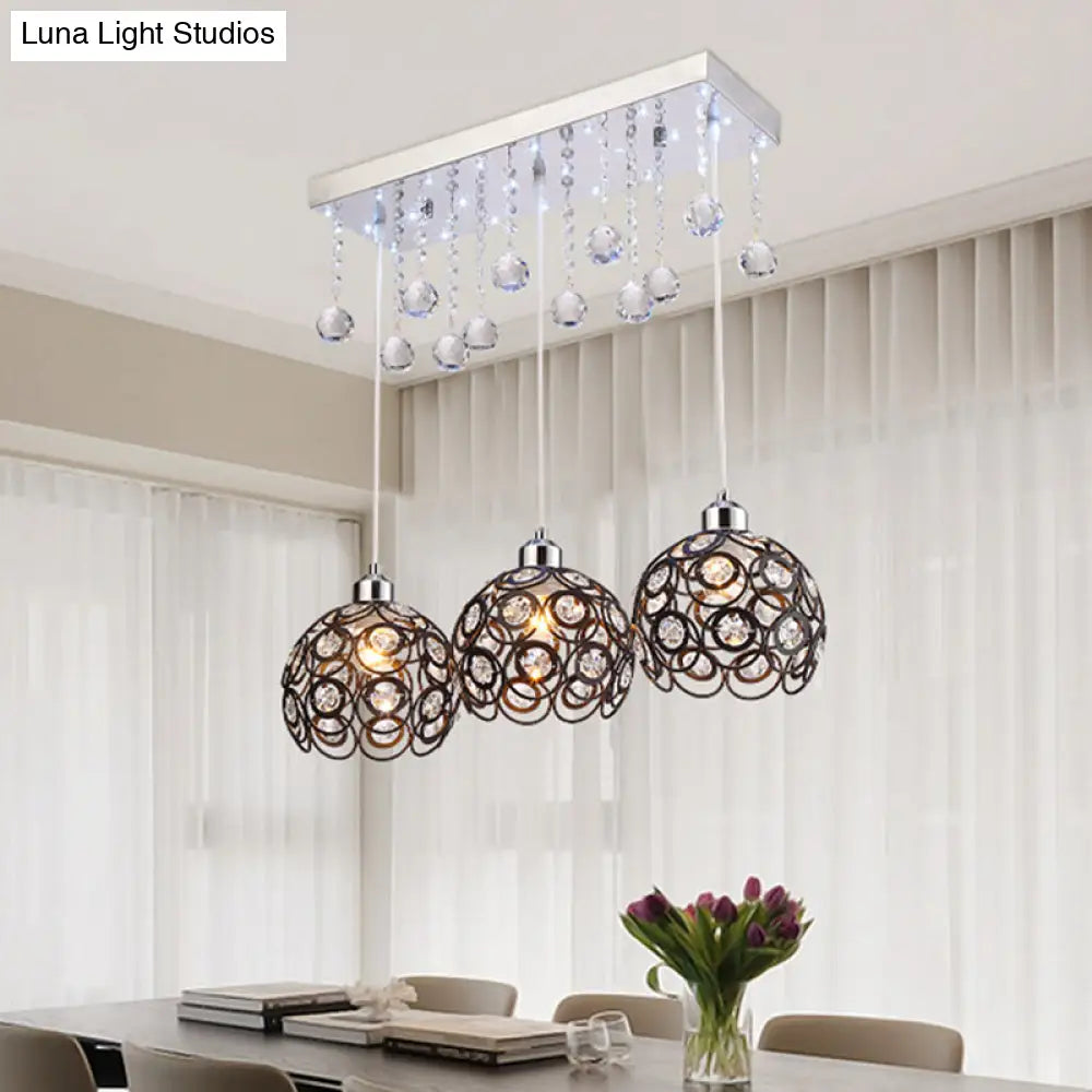 Minimal 3-Head Black Pendant Light With Crystal Embellishments And Global Suspension