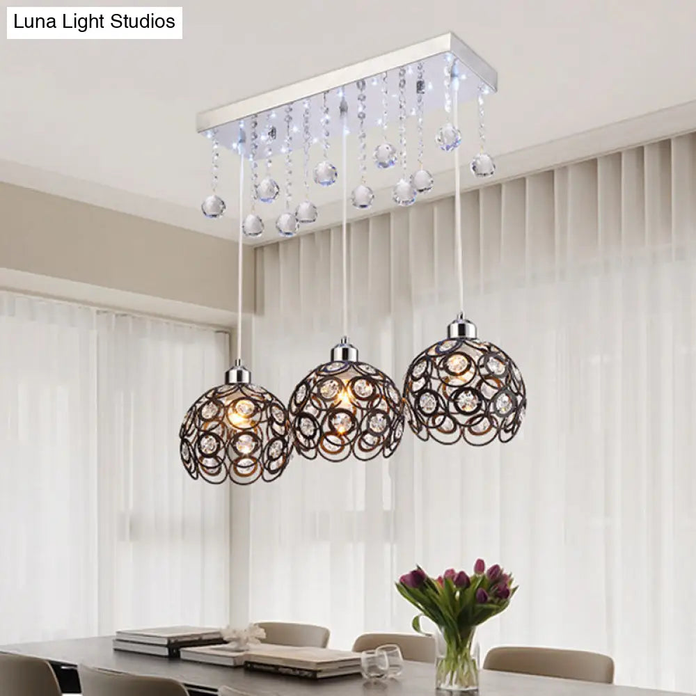 Black Crystal Suspended Multi-Pendant Light With Minimalist Design And 3 Heads