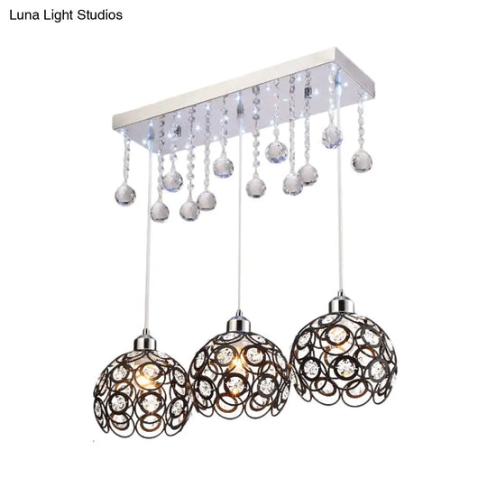 Minimal 3-Head Black Pendant Light With Crystal Embellishments And Global Suspension