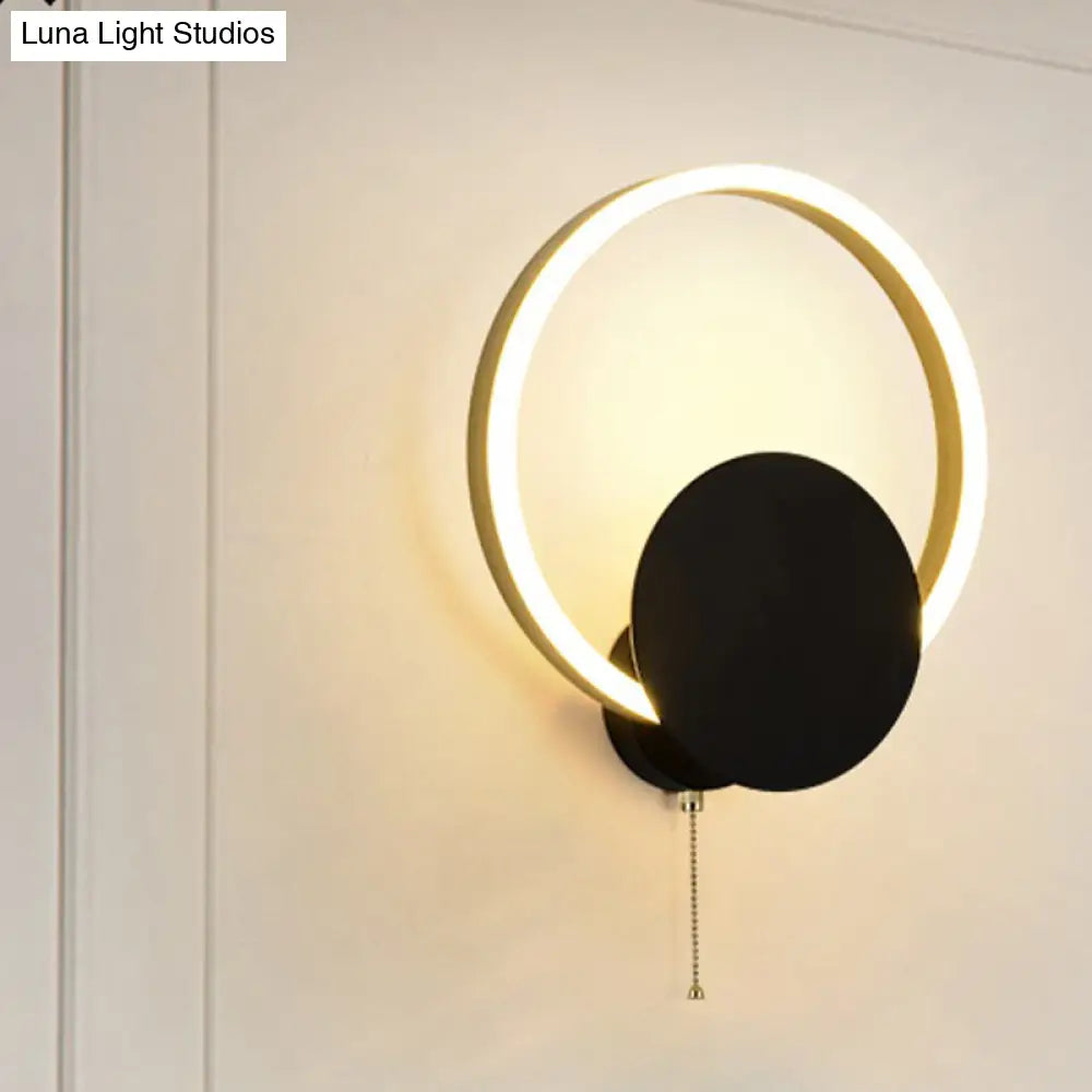 Minimal Acrylic Led Bedroom Sconce: Circular Wall Mount Light In Black With Pull Chain