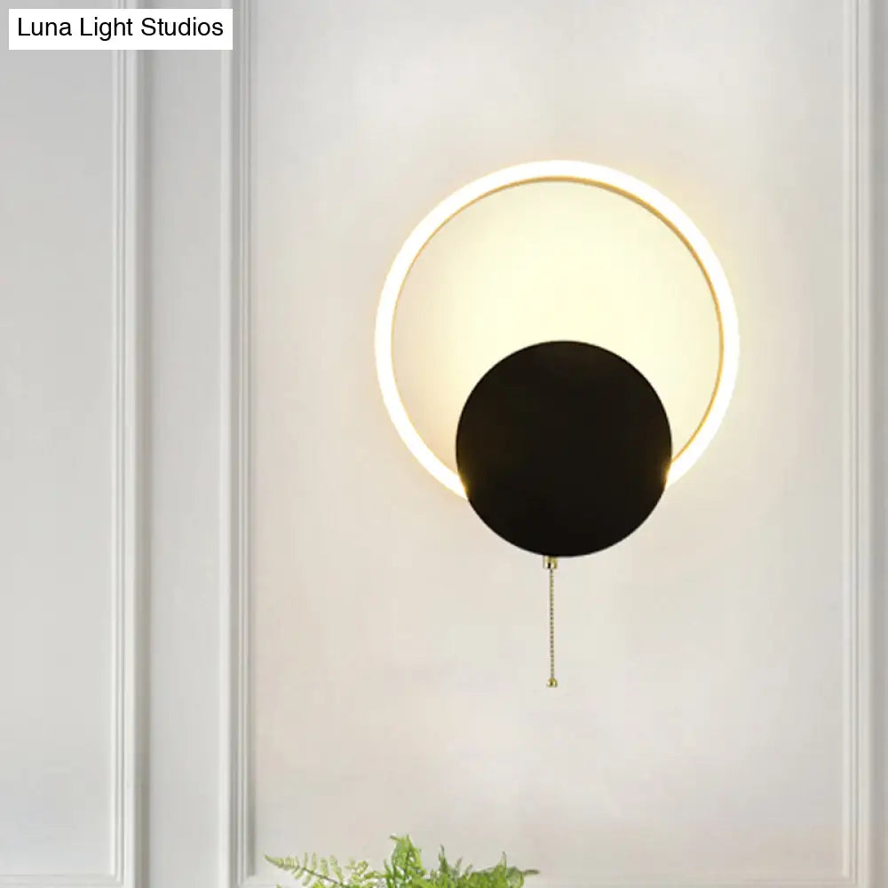 Minimal Acrylic Led Bedroom Sconce: Circular Wall Mount Light In Black With Pull Chain