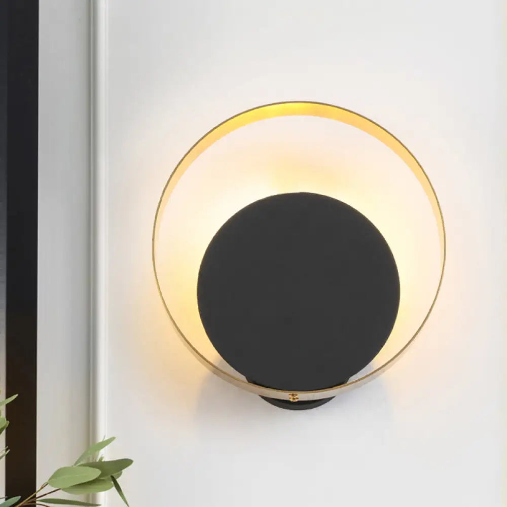 Minimal Acrylic Led Bedroom Sconce: Circular Wall Mount Light In Black With Pull Chain