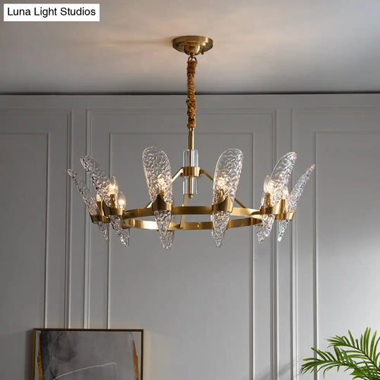 Minimal Arc Panel Chandelier Pendant Lamp With Clear Crystal Glass Brass Frame - 8/10-Bulb