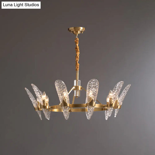 Minimal Arc Panel Chandelier Pendant Lamp With Clear Crystal Glass Brass Frame - 8/10-Bulb