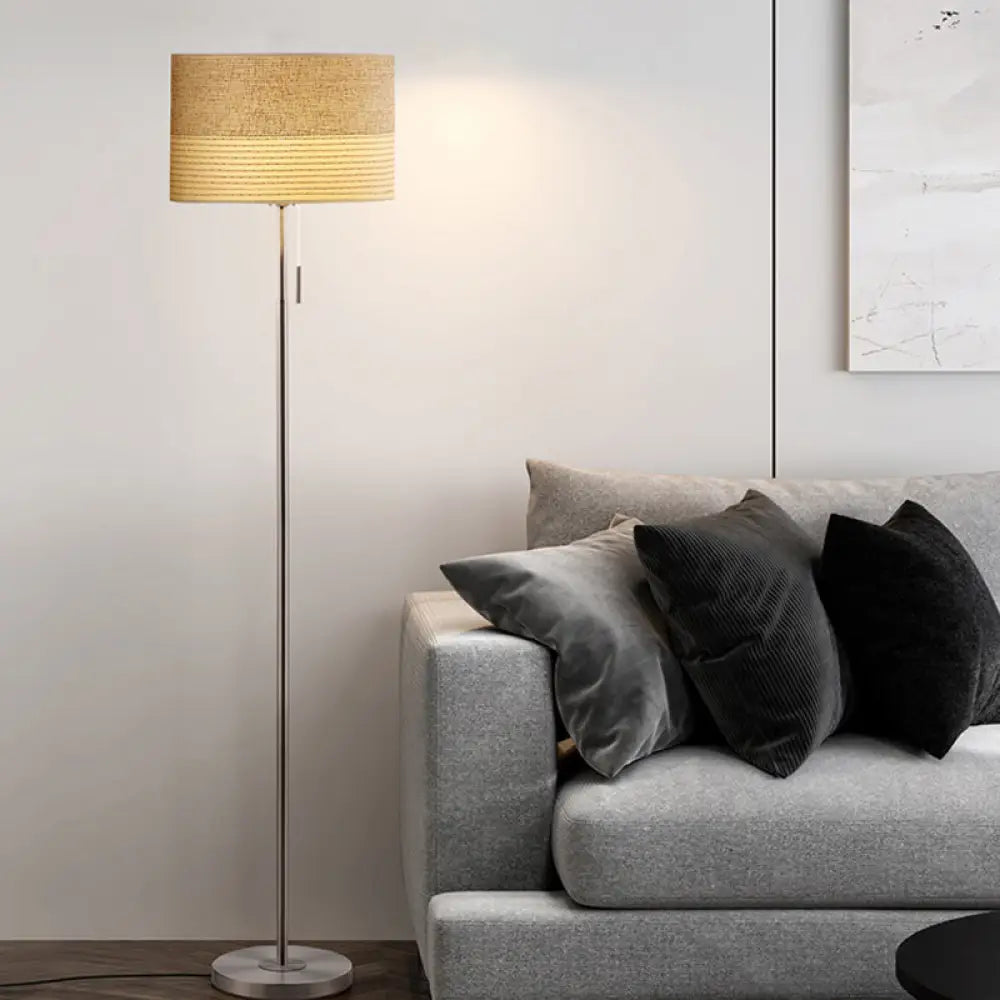 Minimal Beige Cylinder Floor Lamp With 1-Light Reading And Pull Chain