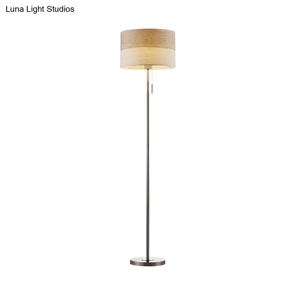 Minimal Beige Cylinder Floor Lamp With 1-Light Reading And Pull Chain