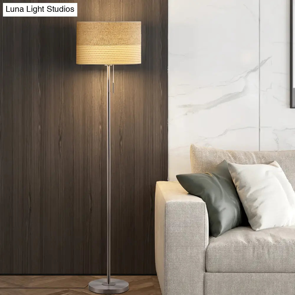 Minimal Beige Cylinder Floor Lamp With 1-Light Reading And Pull Chain