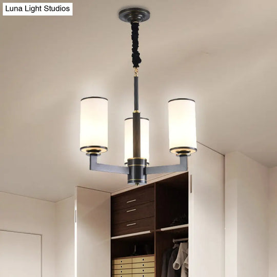 Modern 3-Light Black Armed Chandelier With Frosted White Glass Shades For Dining Room Ceiling