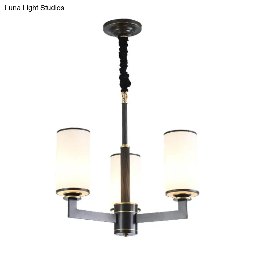 Modern 3-Light Black Armed Chandelier With Frosted White Glass Shades For Dining Room Ceiling