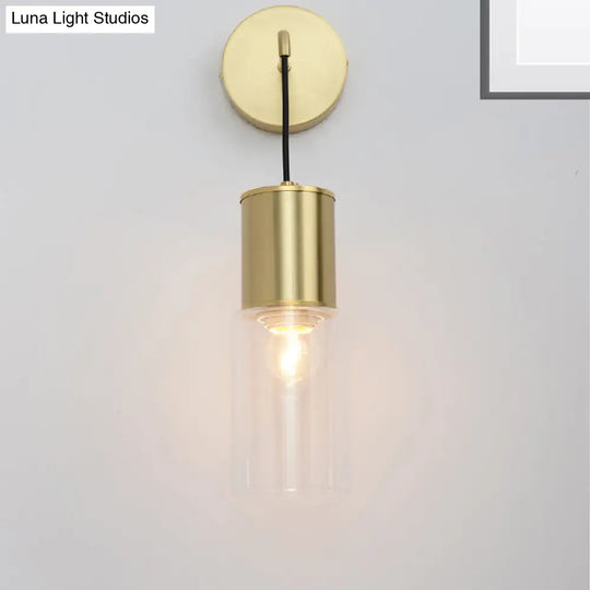 Minimal Brass Tube Wall Sconce Light With Clear Glass Mount - Single Lamp Kit