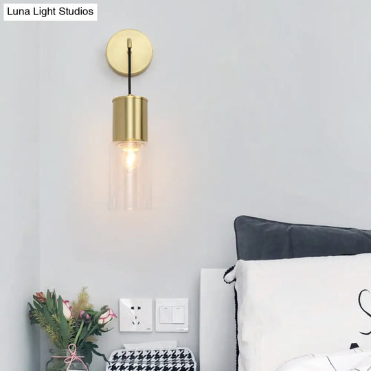 Minimal Brass Tube Wall Sconce Light With Clear Glass Mount - Single Lamp Kit