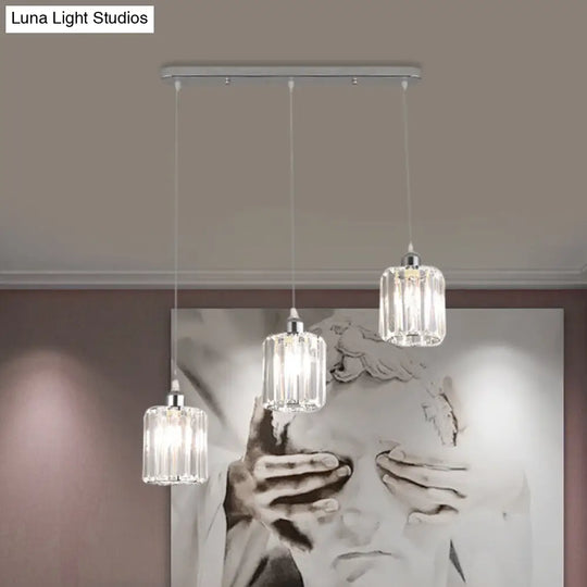 Minimal Chrome Pendant Ceiling Light With Cylinder Crystal Shade - 3-Light Restaurant Multi Clear