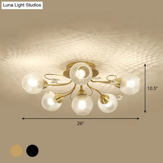 Minimal Clear Glass Globe Ceiling Mounted Fixture - 6 Bulb Semi Flush Light In Black/Gold