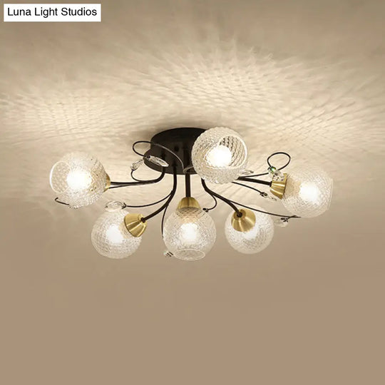 Minimal Clear Glass Globe Ceiling Mounted Fixture - 6 Bulb Semi Flush Light In Black/Gold