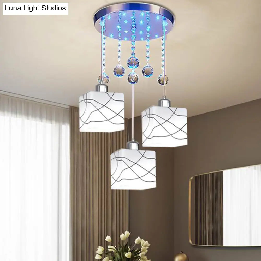 White Minimal Crystal Orb Square Pendant Lamp With 3 Lights & Round Canopy