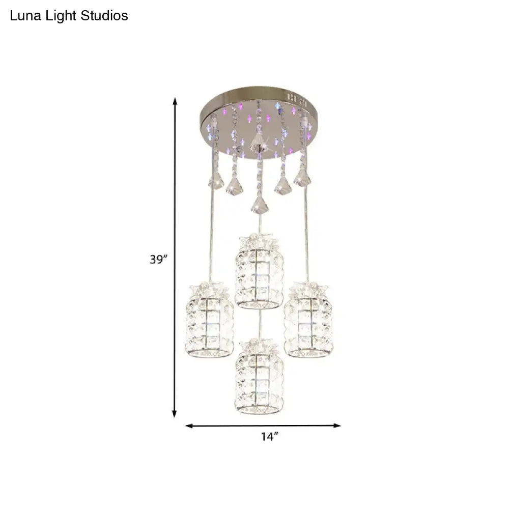 Modern Crystal Cylinder Suspension Lamp - 4-Light Dining Room Pendant Light Chrome Finish