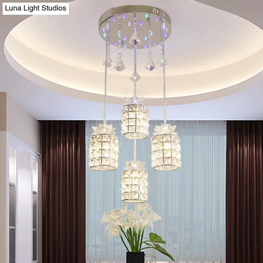 Modern Crystal Cylinder Suspension Lamp - 4-Light Dining Room Pendant Light Chrome Finish