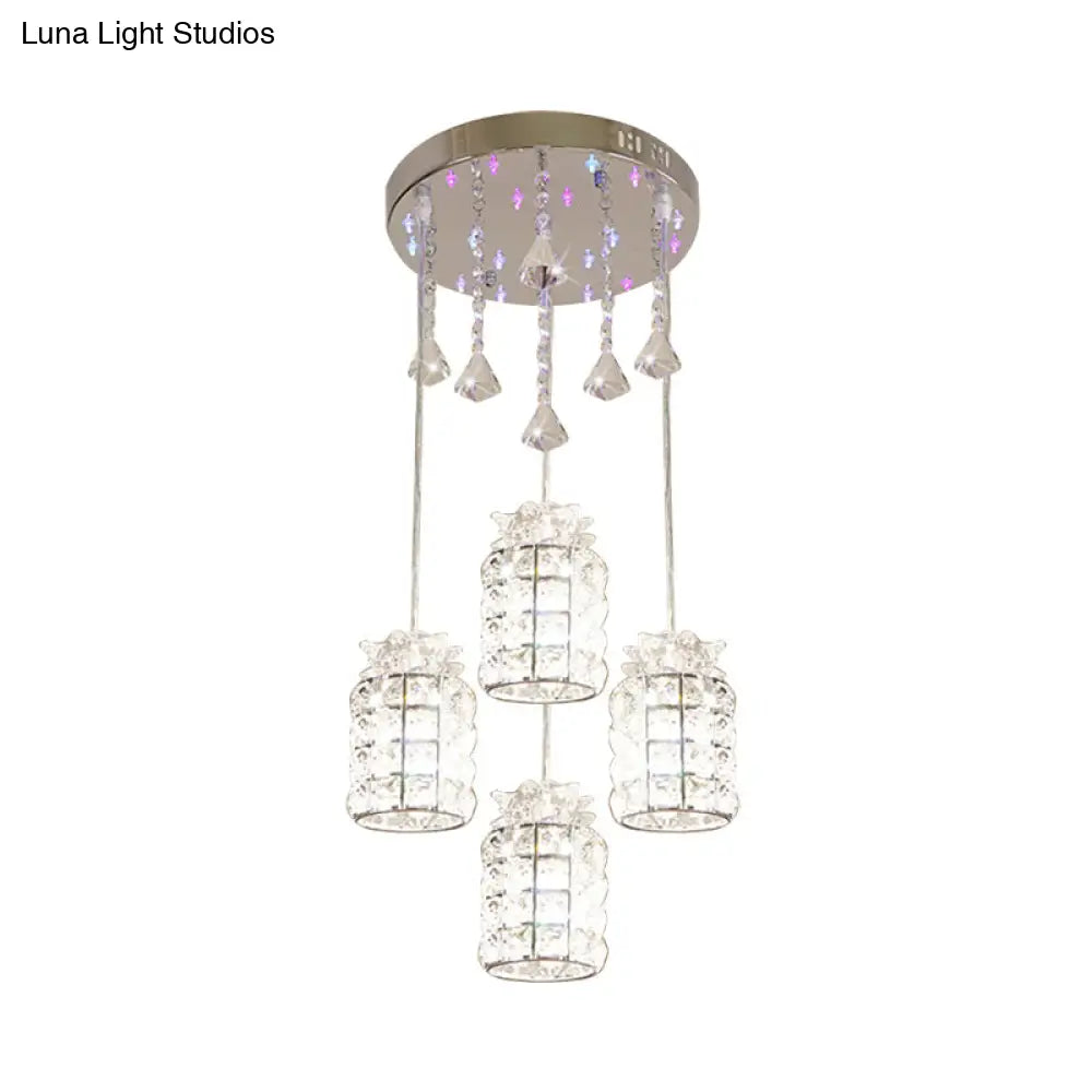 Minimal Cylinder Crystal Pendant Light With 4 Clear Lights For Dining Room - Chrome Finish