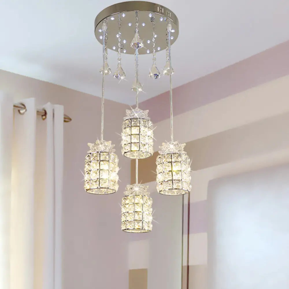 Minimal Cylinder Crystal Pendant Light With 4 Clear Lights For Dining Room - Chrome Finish