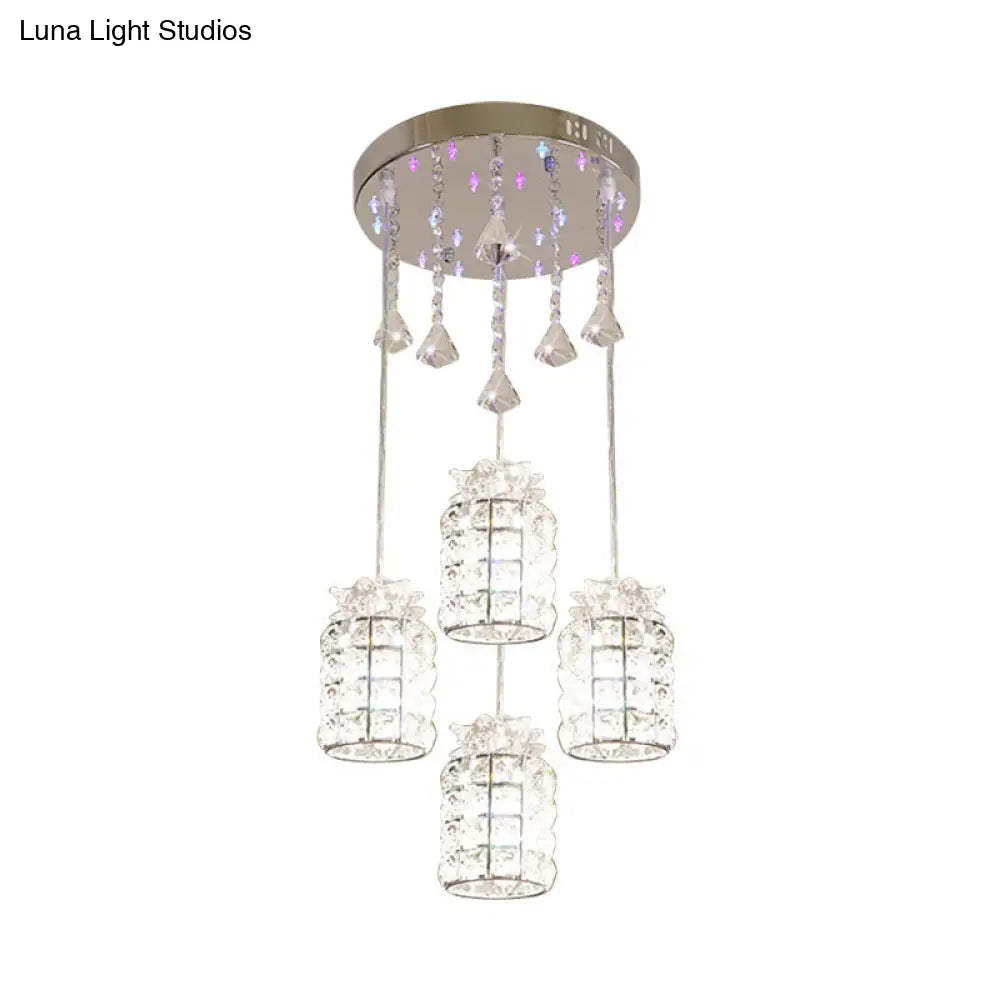 Modern Crystal Cylinder Suspension Lamp - 4-Light Dining Room Pendant Light Chrome Finish