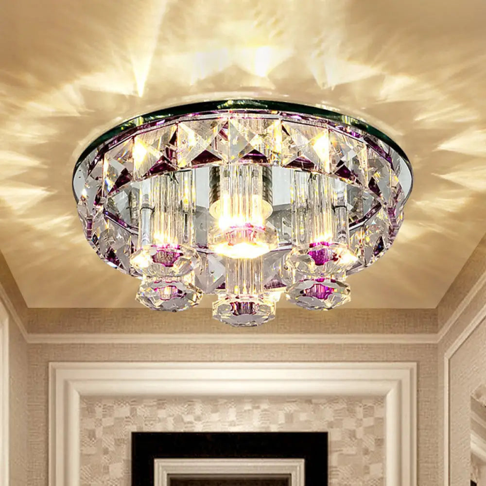 Minimal Flush Mount Led Ceiling Light Fixture For Hallway With Clear Prism Crystal And Purple Round