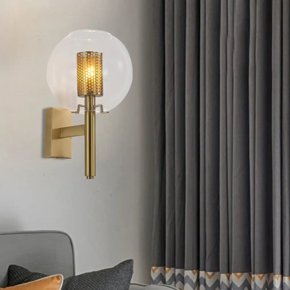 Minimal Gold Brass Wall Sconce - Cylindrical Mesh Design Mounted Light