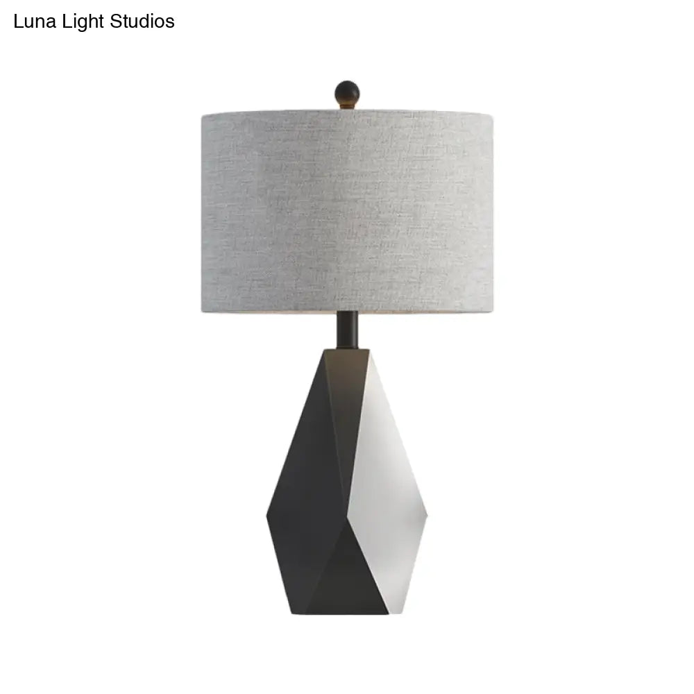 Minimal Grey Fabric Cylinder Table Lamp With Metal Geometric Base And Night Lighting