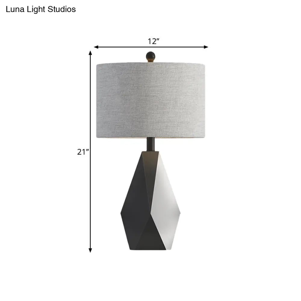 Minimal Grey Fabric Cylinder Table Lamp With Metal Geometric Base And Night Lighting