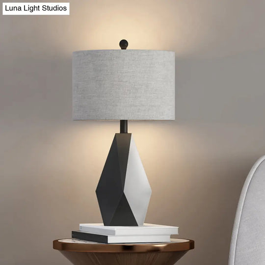 Minimal Grey Fabric Cylinder Table Lamp With Metal Geometric Base And Night Lighting