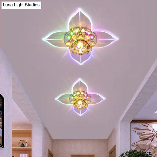 Minimal Led Flower Flush Mount Light: Clear Crystal Ceiling Lamp For Porch