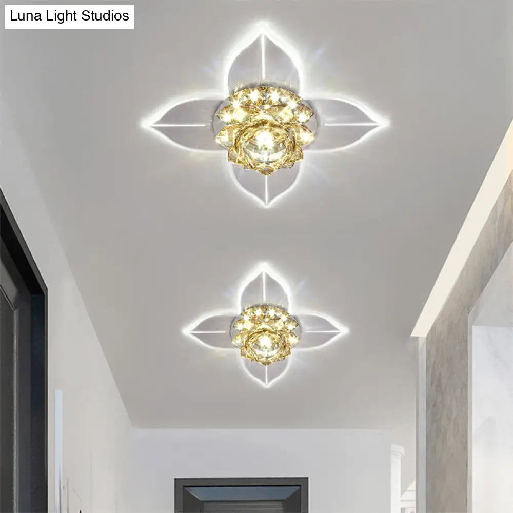 Minimal Led Flower Flush Mount Light: Clear Crystal Ceiling Lamp For Porch