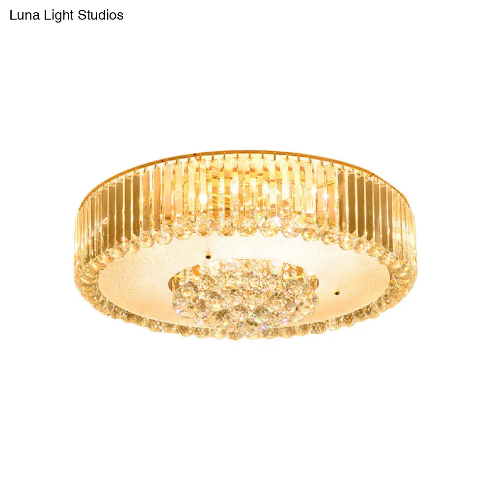 Minimal Led Gold Drum Flush Mount Lamp With Faceted Crystal Ideal For Bedroom Ceiling Lighting